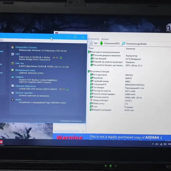 Нетбук Lenovo ThinkPad X220 / 12.5" (1366x768) TN / Intel Core i5-2520M (2 (4) ядра по 2.5 - 3.2 GHz) / 8 GB DDR3 / 128 GB SSD / Intel HD Graphics 3000 / WebCam б/в - зображення 8
