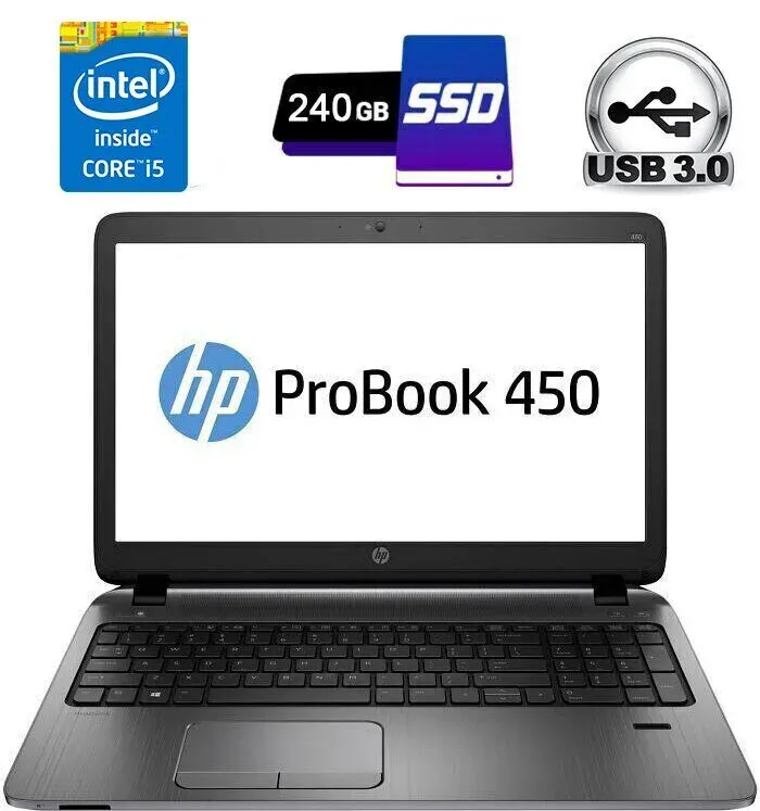 Ноутбук Б-клас HP ProBook 450 G2 / 15.6" (1920x1080) TN / Intel Core i5-4210U (2 (4) ядра по 1.7 - 2.7 GHz) / 8 GB DDR3 / 240 GB SSD / Intel HD Graphics 4400 / WebCam / DVD-RW / HDMIб/в - зображення 1