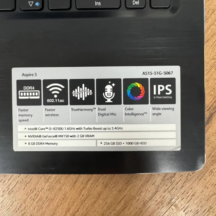 Ноутбук Acer Aspire A515-51G / 15.6" (1920x1080) IPS / Intel Core i5-8250U (4 (8) ядра по 1.6 - 3.4 GHz) / 8 GB DDR4 / 256 GB SSD / nVidia GeForce MX150, 2 GB GDDR5, 64-bit / WebCam б/в - зображення 9