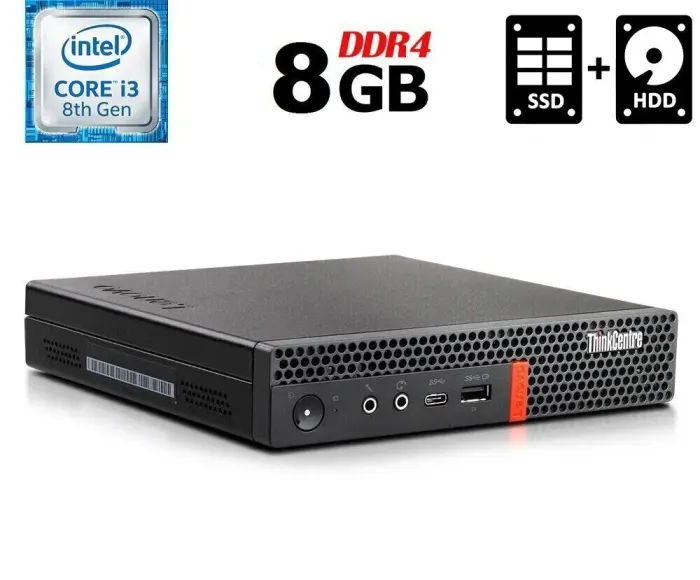 Неттоп Lenovo ThinkCentre M720q Tiny USFF / Intel Core i3-8100T (4 ядра по 3.1 GHz) / 8GB DDR4 / 120GB SSD + 500GB HDD / Intel UHD Graphics 630 / USB 3.1 / Блок живлення б/в - зображення 1