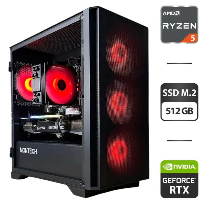 Збірка під замовлення: ігровий ПК Montech Air 100 ARGB Tower / AMD Ryzen 5 8400F (6 (12) ядер по 4.2 - 4.7 GHz) / 16 GB DDR5 / 512 GB SSD M.2 / nVidia GeForce RTX 3060 Ti, 8 GB GDDR6, 256-bit / 650W б/в - зображення 1