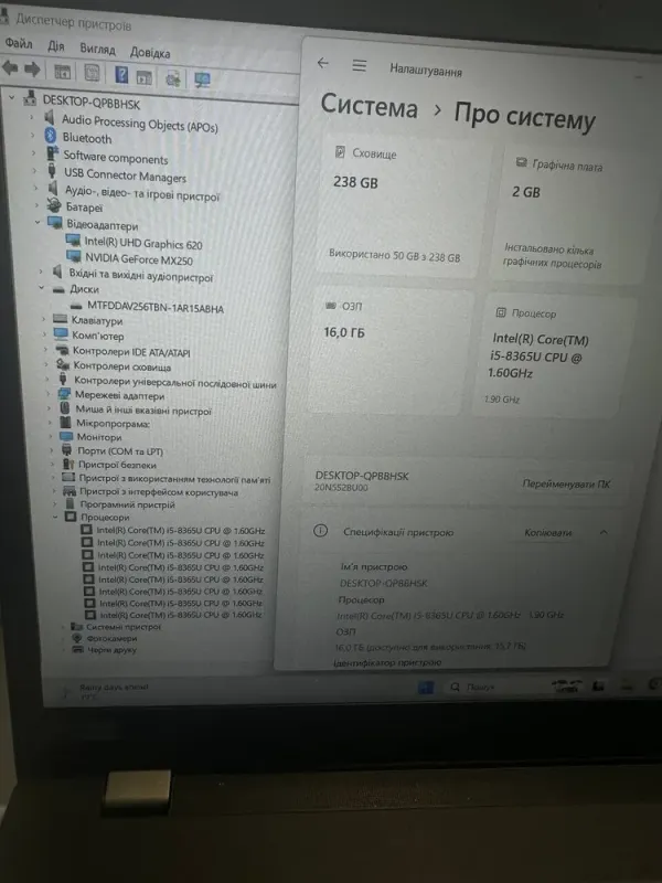 Ультрабук Lenovo ThinkPad T590 / 15.6" (1920x1080) IPS / Intel Core i5-8365U (4 (8) ядра по 1.6 - 4.1 GHz) / 16 GB DDR4 / 256 GB SSD / nVidia GeForce MX250, 2 GB GDDR5, 64-bit / WebCam / Win 11 Pro б/в - зображення 8