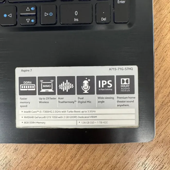 Ігровий ноутбук Б-клас Acer Aspire 7 A715-71G / 15.6" (1920x1080) IPS / Intel Core i5-7300HQ (4 ядра по 2.5 - 3.5 GHz) / 16 GB DDR4 / 500 GB SSD / nVidia GeForce GTX 1050, 2 GB GDDR5, 128-bit / WebCam б/в - зображення 9