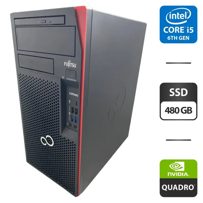 Комп'ютер Fujitsu Esprimo P757 E90 Tower / Intel Core i5-6500 (4 ядра по 3,2 - 3,6 ГГц) / 16 ГБ DDR4 / 480 ГБ SSD / nVidia Quadro K1200, 4 ГБ GDDR5, 128-біт / DVD-ROM б/в - зображення 1