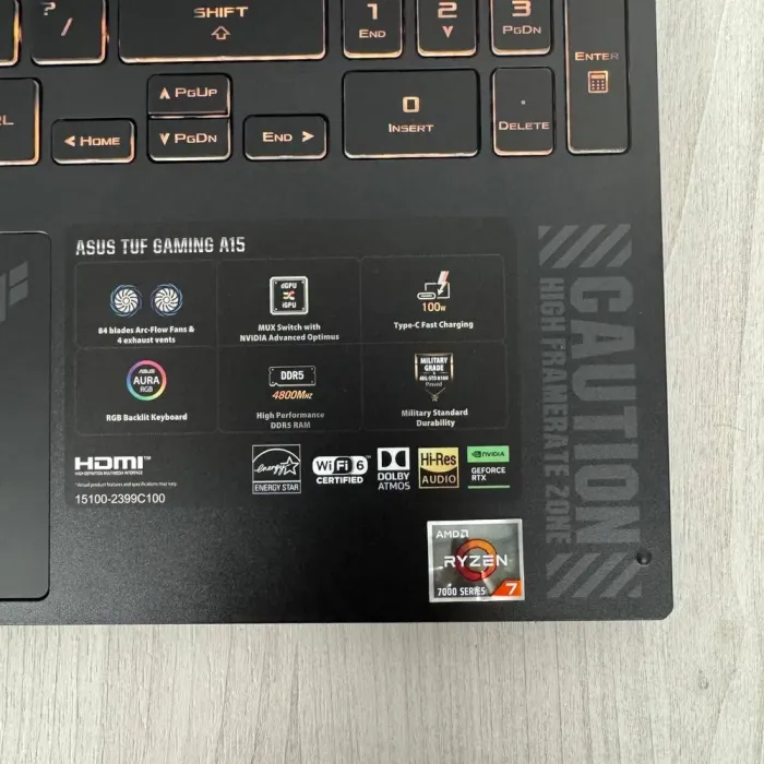 Ігровий ноутбук Asus TUF Gaming A15 FA507NV / 15.6" (1920x1080) IPS / AMD Ryzen 7 7735HS (8 (16) ядер по 3.2 - 4.75 GHz) / 16 GB DDR5 / 1000 GB SSD NVMe / nVidia GeForce RTX 4060, 8 GB GDDR6, 128-bit / WebCam б/в - зображення 8