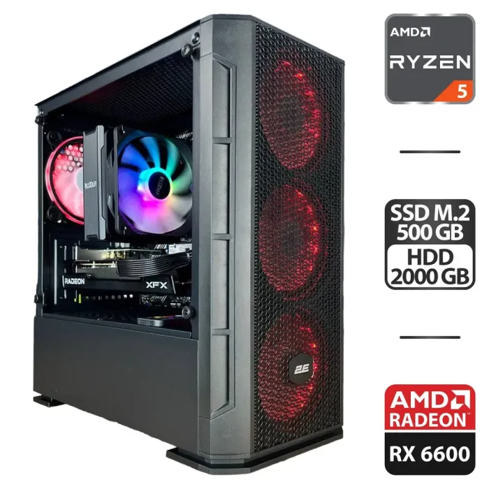 Збірка під замовлення: комп'ютер 2E Gaming PC Case Calleo GB700 Tower / AMD Ryzen 5 3600 (6 (12) ядер по 3.6 - 4.2 GHz) / 16 GB DDR4 / 500 GB SSD M.2 + 2000 GB HDD / AMD Radeon RX 6600, 8 GB GDDR6, 128-bit / 650W - зображення 1