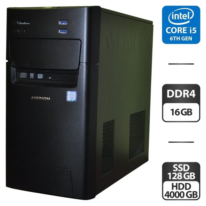 Комп'ютер Medion Akoya P5360 E-MT22 Tower / Intel Core i5-6402P (4 ядра по 2,8 - 3,4 ГГц) / 16 ГБ DDR4 / 128 ГБ SSD + 4000 ГБ HDD / Intel HD Graphics 510 / DVD-ROM / Windows 11 Home б/в - изображение 1