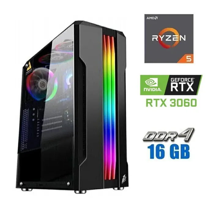 Ігровий ПК Tower / AMD Ryzen 5 3600 (6 (12) ядер по 3.6 - 4.2 GHz) / 16 GB DDR4 / 480 GB SSD / nVidia GeForce RTX 3060, 8 GB GDDR6, 128-bit / 600W - зображення 1