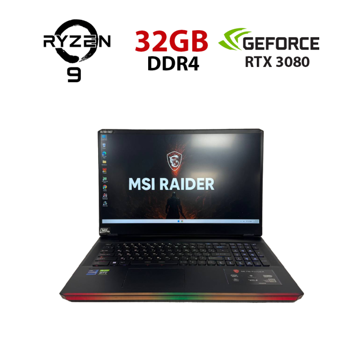 Ігровий ноутбук Б-класу MSI GE76 Raider 11UH / 17,3" (1920x1080) IPS / Intel Core i9-11980HK (8 (16 ядер по 3,3 - 5,0 ГГц) / 32 ГБ DDR4 / 512 ГБ SSD / nVidia GeForce RTX 3080, 16 ГБ GDDR6, 256-біт / WebCam б/в - зображення 1
