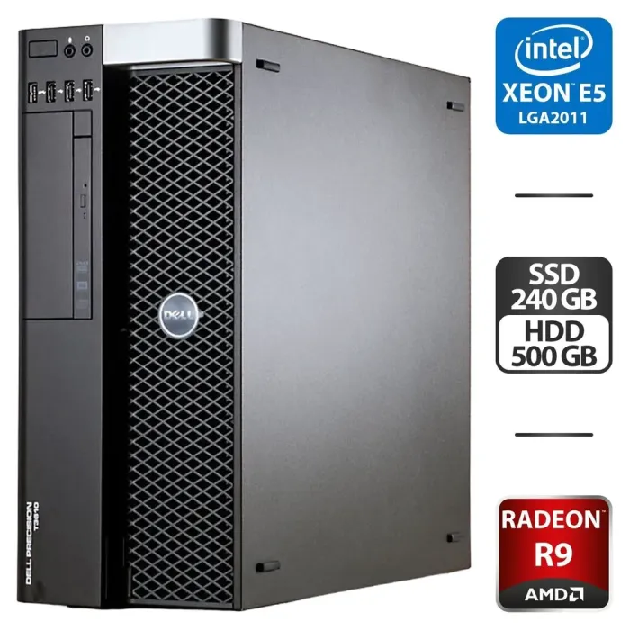 Робоча станція Б-клас Dell Precision T3610 Tower / Intel Xeon E5-2658 v2 (10 (20) ядер по 2.4 - 3.0 GHz) / 64 GB DDR3 / 240 GB SSD + 500 GB HDD / AMD Radeon R9 270X, 2 GB GDDR5, 256-bit / DVD-ROM б/в - зображення 1
