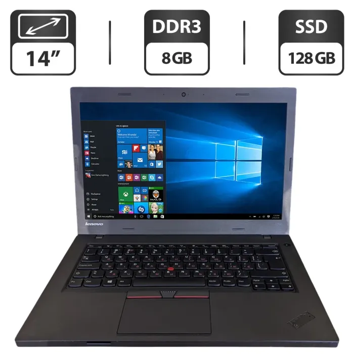 Ноутбук Б-клас Lenovo ThinkPad L450 / 14" (1366x768) TN / Intel Core i3-5005U (2 (4) ядра по 2.0 GHz) / 8 GB DDR3 / 128 GB SSD / Intel HD Graphics 5500 / WebCam / VGA б/в - зображення 1