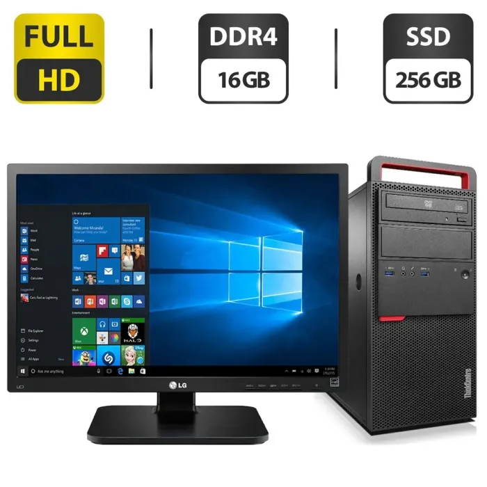 Комплект: Lenovo ThinkCentre M800 Tower / Intel Core i3-6100 (2 (4) ядра по 3.7 GHz) / 16 GB DDR4 / 256 GB SSD / Intel HD Graphics 530 / 350W / DVD-ROM + Монітор LG 24MB37PM-B / 24" (1920x1080) IPS б/в - зображення 1