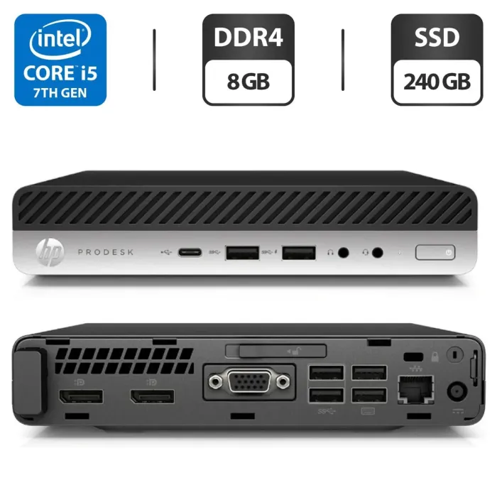 Неттоп Б-класс HP ProDesk 600 G3 Mini PC USFF / Intel Core i5-7500T (4 ядра по 2.7-3.3 GHz) / 8GB DDR4 / 240GB SSD / HD Graphics 630 / DisplayPort / Блок живлення в комплекті б/в - зображення 1