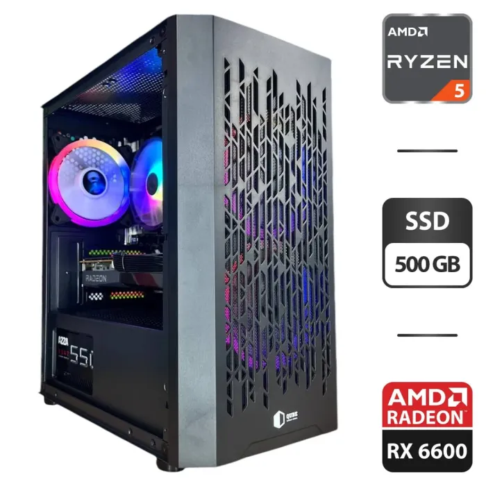 Збірка під замовлення: комп'ютер MSI MAG Forge M100R Black Tower / AMD Ryzen 5 5500 (6 (12) ядер по 3.6 - 4.2 GHz) / 16 GB DDR4 / 500 GB SSD / AMD Radeon RX 6600, 6 GB GDDR6, 128-bit / 550W б/в - зображення 1