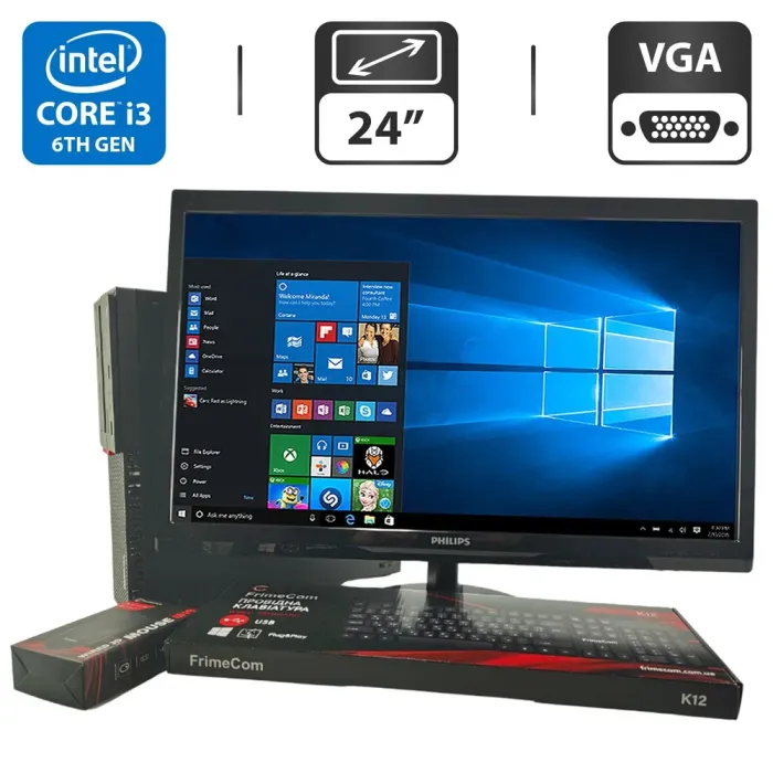 Комплект ПК: Lenovo ThinkCentre M800 SFF / Intel Core i3-6100 (2 (4) ядра по 3.7 GHz) / 4 GB DDR4 / 500 GB HDD / Intel HD Graphics 530 + Монітор Philips V Line 246V5LHAB/00 / 24" (1920x1080) TN / VGA, DVI, HDMI, USB-Hub + Клавіатура, мишка б/в - зображення 1