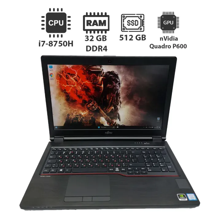Мобільна робоча станція Fujitsu Celsius H780 / 15.6" (1920x1080) IPS / Intel Core i7-8750H (6 (12) ядер по 2.2 - 4.1 GHz) / 32 GB DDR4 / 512 GB SSD / nVidia Quadro P600, 4 GB GDDR5, 128-bit / WebCam б/в - зображення 1