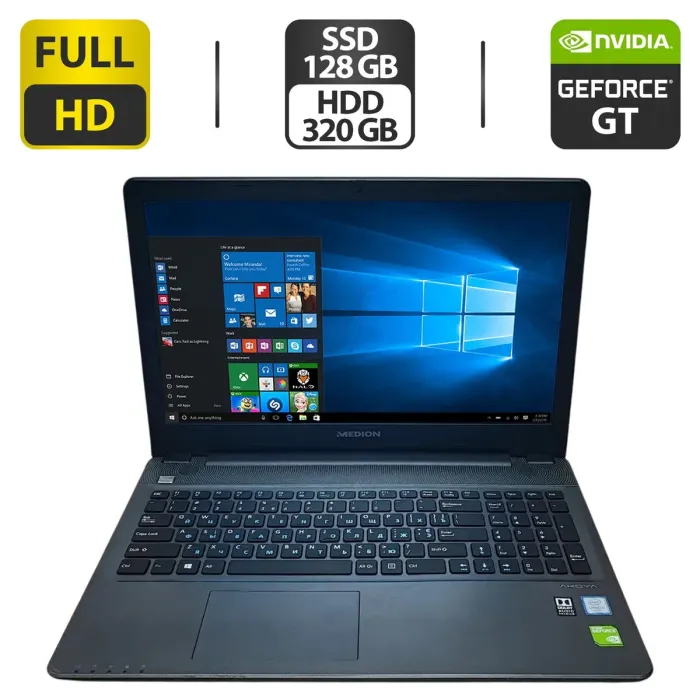 Ноутбук Medion Akoya P6659 / 15.6" (1920x1080) TN / Intel Core i5-6200U (2 (4) ядра по 2.3 - 2.8 GHz) / 12 GB DDR3 / 128 GB SSD + 320 GB HDD / nVidia GeForce 930M, 2 GB GDDR3, 64-bit / WebCam / DVD-ROM б/в - зображення 1