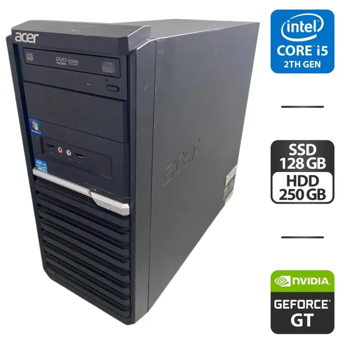 Комп'ютер Acer Veriton M290 Tower / Intel Core i5-2500 (4 ядра по 3,3 - 3,7 ГГц) / 8 ГБ DDR3 / 128 ГБ SSD + 250 ГБ HDD / nVidia GeForce GT 530, 2 ГБ GDDR3, 64-біт / DVD-ROM б/в - зображення 1