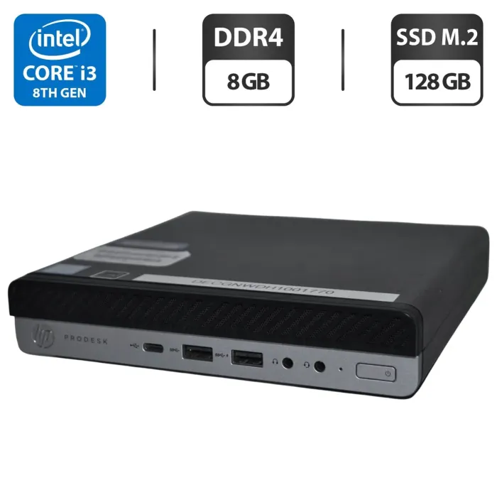 Неттоп HP ProDesk 600 G4 Desktop Mini USFF / Intel Core i3-8100T (4 ядра по 3.1 GHz) / 8 GB DDR4 / 128 GB SSD M.2 / Intel UHD Graphics 630 / Wi-Fi / Bluetooth / Windows 11 Pro б/в - зображення 1