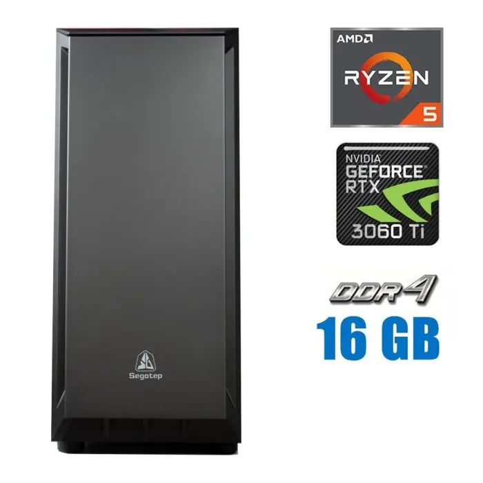 Ігровий ПК Segotep Tower / AMD Ryzen 5 4500 (6 (12) ядер по 3.6 - 4.1 GHz) / 16 GB DDR4 / 500 GB M.2 / nVidia GeForce RTX 3060 Ti, 8 GB GDDR6, 256-bit / 700W б/в - зображення 1