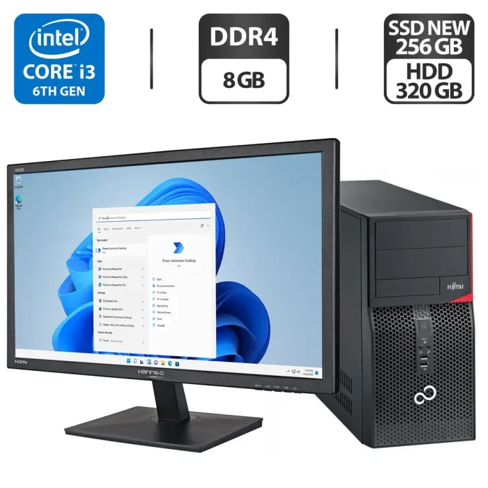 Комплект ПК: Fujitsu P556 E85+ Tower / Intel Core i3-6100 (2 (4) ядра по 3.7 GHz) / 8 GB DDR4 / 256 GB SSD NEW + 320 GB HDD / Intel HD Graphics 530 + Монітор Б-клас 22" (1680x1050) TN/DVI/Divisional brands + Клавіатура, мишка, кабелі, Windows 11 Pro б/в - зображення 1