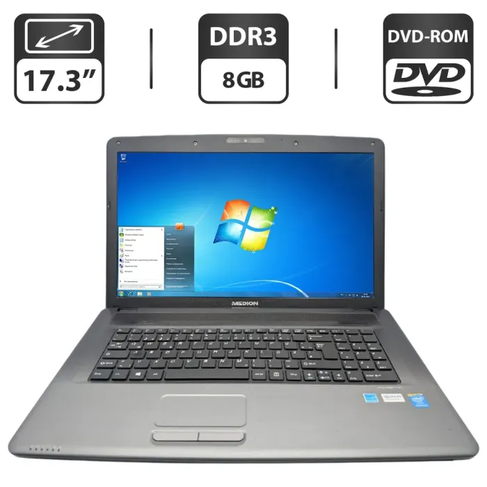 Ноутбук Medion Akoya E7222 / 17.3" (1920x1080) TN / Intel Pentium 2020M (2 ядра по 2.4 GHz) / 8 GB DDR3 / 500 GB HDD / Intel HD Graphics / WebCam / DVD-ROM / АКБ не тримає заряд б/в - зображення 1