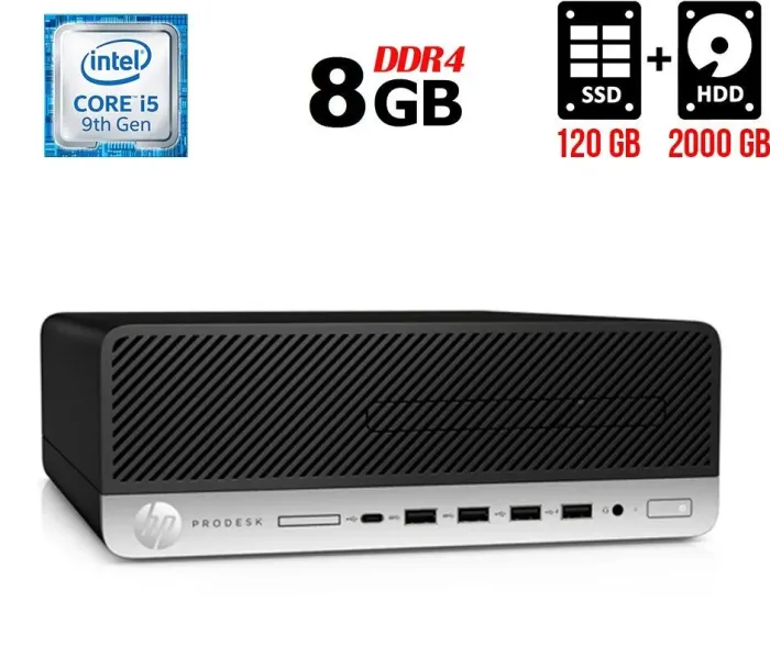 Комп'ютер HP ProDesk 600 G5 SFF / Intel Core i5-9500 (6 ядер по 3.0 - 4.4 GHz) / 8 GB DDR4 / 120 GB SSD M.2 + 2000 GB HDD / Intel UHD Graphics 630 / 180W / USB 3.1 / DisplayPort б/в - зображення 1