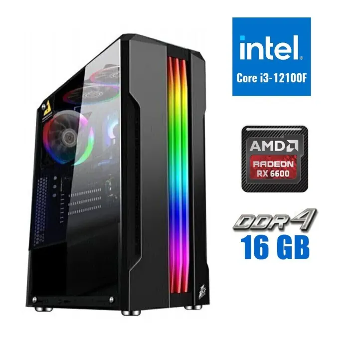 Ігровий ПК Tower / Intel Core i3-12100F (4 ядра по 3.3-4.3 GHz) / 16GB DDR4 / 500GB SSD M.2 / AMD Radeon RX 6600, 8 GB GDDR6, 128-bit / 500W - зображення 1