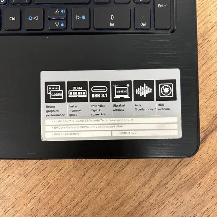 Ноутбук Acer Aspire F15 F5-573G / 15.6" (1920x1080) TN / Intel Core i5-7200U (2 (4) ядра по 2.5 - 3.1 GHz) / 16 GB DDR4 / 256 GB SSD / nVidia GeForce 940MX, 2 GB DDR3, 64-bit / WebCam б/в - зображення 8