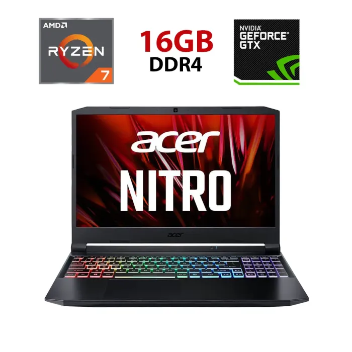 Ігровий ноутбук Acer Nitro 5 AN515-45-R11X / 15.6" (1920x1080) IPS / AMD Ryzen 7 5800H (8 (16) ядер по 3,2 - 4,4 ГГц) / 16 ГБ DDR4 / 480 ГБ SSD / nVidia GeForce RTX 3080, 8 ГБ GDDR6, 256-біт / WebCam б/в - зображення 1