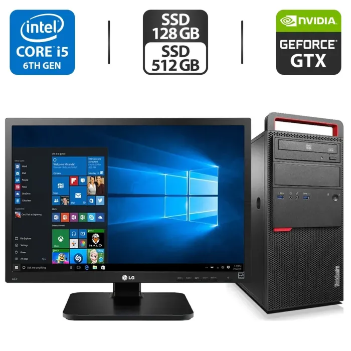 Комплект: Lenovo ThinkCentre M800 Tower / Intel Core i5-6500 (4 ядра по 3.2 - 3.6 GHz) / 16 GB DDR4 / 128 GB SSD + 512 GB SSD / nVidia GeForce GTX 1050 Ti, 4 GB GDDR5, 128-bit / DVD-ROM + Монітор LG 24MB37PM-B / 24" (1920x1080) IPS + Кабелі DVI та жив б/в - зображення 1