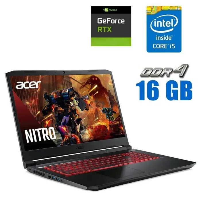 Ігровий ноутбук Acer Nitro 5 AN517-54-58P5 / 17.3" (1920x1080) IPS / Intel Core i5-11400H (6 (12) ядер по 2.7 - 4.5 GHz) / 16 GB DDR4 / 480 GB SSD / nVidia GeForce RTX 3060, 6 GB GDDR6, 192-bit / WebCam б/в - зображення 1