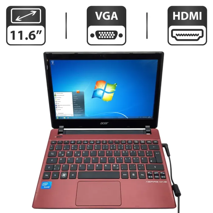 Нетбук Acer Aspire One / 11.6" (1366x768) TN / Intel Celeron 847 (2 ядра по 1.1 GHz) / 4 GB DDR3 / 320 GB HDD / Intel HD Graphics / WebCam / АКБ не тримає б/в - зображення 1