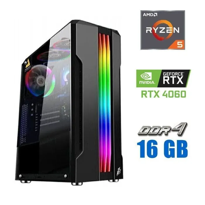 Ігровий ПК Tower / AMD Ryzen 5 3600 (6 (12) ядер по 3.6 - 4.2 GHz) / 16 GB DDR4 / 480 GB SSD / nVidia GeForce RTX 4060, 8 GB GDDR6, 128-bit / 600W - зображення 1