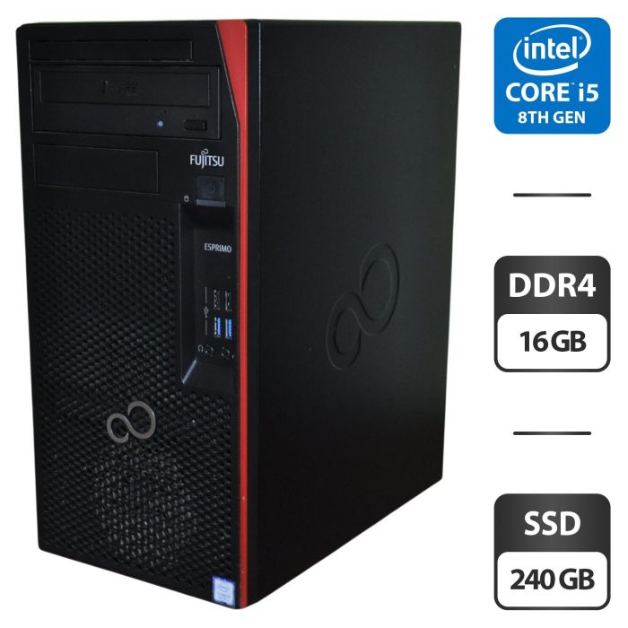Комп'ютер Fujitsu Esprimo P558 E85 Tower / Intel Core i5-8400 (6 ядер по 2,8 - 4,0 ГГц) / 16 ГБ DDR4 / 240 ГБ SSD / Intel UHD Graphics 630 / DVD-ROM / Windows 11 Pro б/в - изображение 1
