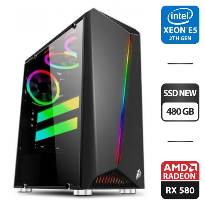 Ігровий ПК 1stPlayer R3-3R1 Color LED Black Tower NEW / Intel Xeon E5-2670 v3 (12 (24) ядер по 2.3 - 3.1 GHz) / 16 GB DDR4 / 480 GB SSD NEW / AMD Radeon RX 580, 8 GB GDDR5, 256-bit / HDMI / 500W  б/в - зображення 1