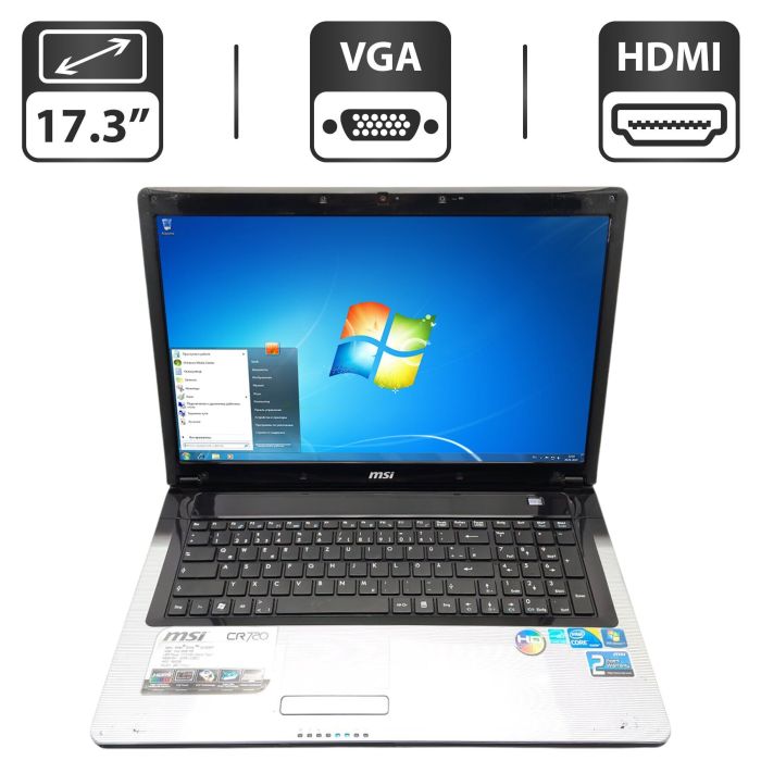 Ноутбук MSI CR720 / 17.3" (1600x900) TN / Intel Core i3-330M (2 (4) ядра по 2.1 - 2.5 GHz) / 6 GB DDR3 / 250 GB HDD / Intel HD Graphics 2000 / WebCam / АКБ не тримає б/в - зображення 1