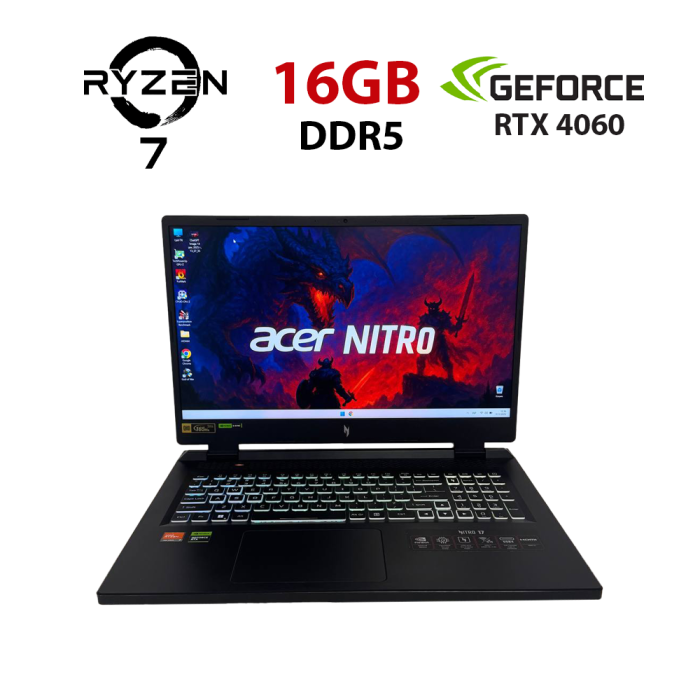 Ігровий ноутбук Б-класу Acer Nitro 17 AN17-41 / 17.3" (2560x1440) IPS / AMD Ryzen 7 7840HS (8 (16) ядер по 3,8 - 5,1 ГГц) / 16 ГБ DDR5 / 512 ГБ SSD M.2 / nVidia GeForce RTX 4060, 8 ГБ GDDR6, 128-bit / WebCam б/в - зображення 1