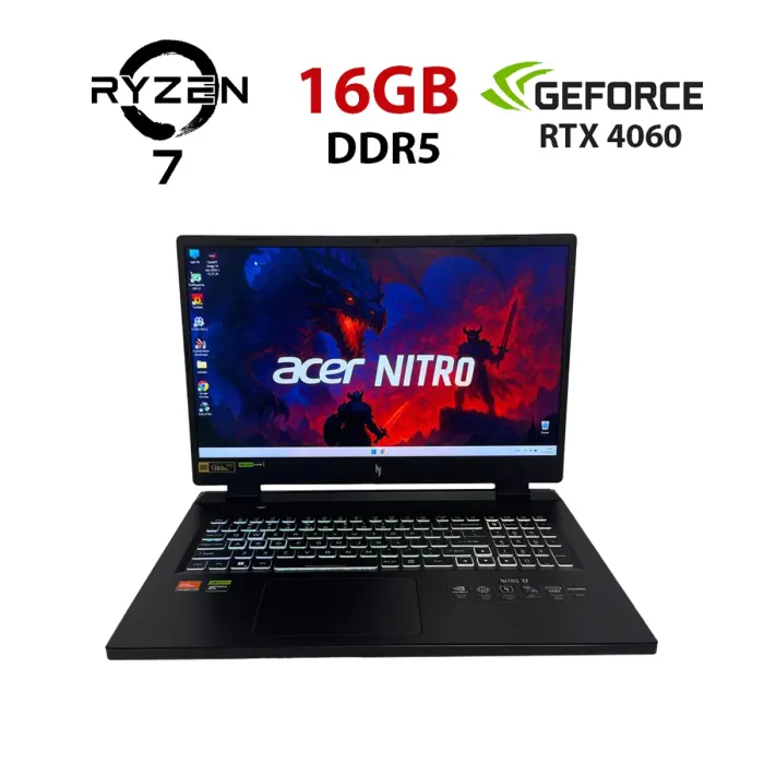 Ігровий ноутбук Б-класу Acer Nitro 17 AN17-41 / 17.3" (2560x1440) IPS / AMD Ryzen 7 7840HS (8 (16) ядер по 3,8 - 5,1 ГГц) / 16 ГБ DDR5 / 512 ГБ SSD M.2 / nVidia GeForce RTX 4060, 8 ГБ GDDR6, 128-bit / WebCam б/в - зображення 1