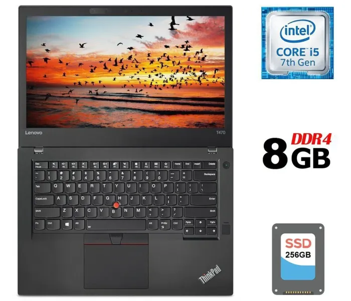 Ультрабук Б-клас Lenovo ThinkPad T470 / 14" (1366x768) TN / Intel Core i5-7300U (2 (4) ядра по 2.6 - 3.5 GHz) / 8 GB DDR4 / 256 GB SSD / Intel HD Graphics 620 / WebCam / Fingerprint / USB 3.1 / HDMI / Два АКБ б/в - зображення 1