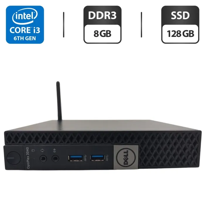 Неттоп Dell OptiPlex 3040 Micro USFF / Intel Core i3-6100T (2 (4) ядра по 3.2 GHz) / 8 GB DDR3 / 128 GB SSD / Intel HD Graphics 530 / Wi-Fi + Блок живлення б/в - зображення 1