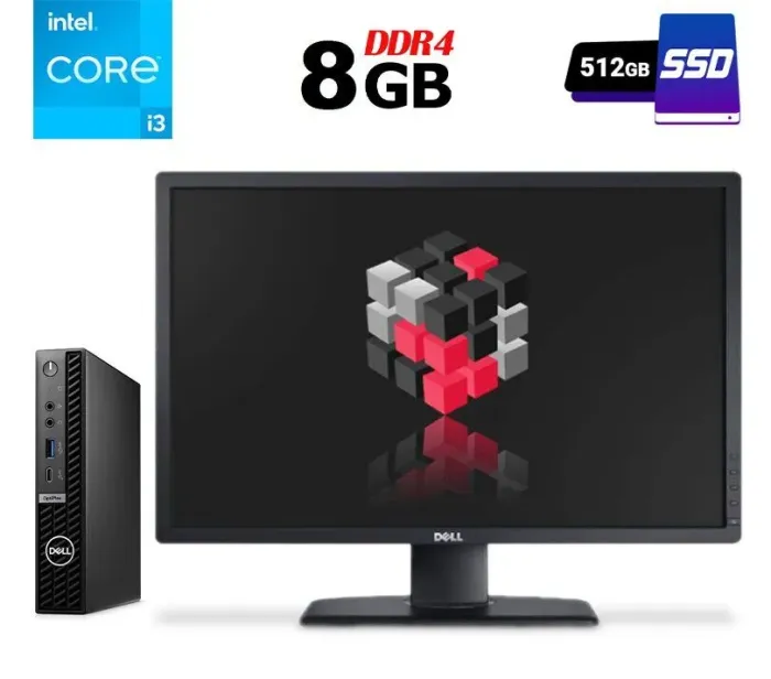 Комплект ПК: Dell OptiPlex 7010 Micro USFF / Intel Core i3-13100T (4 (8) ядра по 2.5 - 4.2 GHz) / 8 GB DDR4 / 512 GB SSD / Intel UHD Graphics 730 + Монітор Dell UltraSharp U2312HMt / 23" (1920x1080) IPS / VGA, DVI, DisplayPort, USB б/в - зображення 1