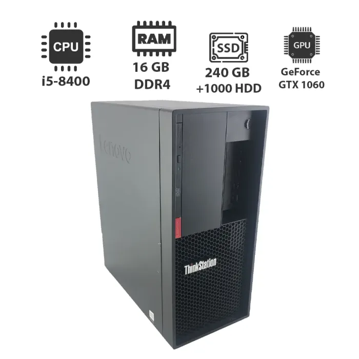 Ігровий ПК Lenovo ThinkStation P330 Tower / Intel Core i5-8400 (6 ядер 2,8 - 4,0 ГГц) / 16 ГБ DDR4 / 240 ГБ SSD + 1000 ГБ HDD / nVidia GeForce GTX 1060, 3 ГБ DDR5 192 біт / DVI, DP, HDMI б/в - зображення 1