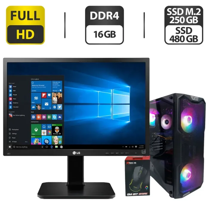 Комплект ПК: DarkFlash Aquarius Mesh Black Tower / Intel Core i5-7400 (4 ядра по 3.0 - 3.5 GHz) / 16 GB DDR4 / 250 GB SSD + 480 GB SSD / nVidia P106-100, 6 GB GDDR5, 192-bit / 300W + Монітор LG 24MB37PM-B / 24" (1920x1080) IPS + Мишка, кабелі підключе б/в - зображення 1