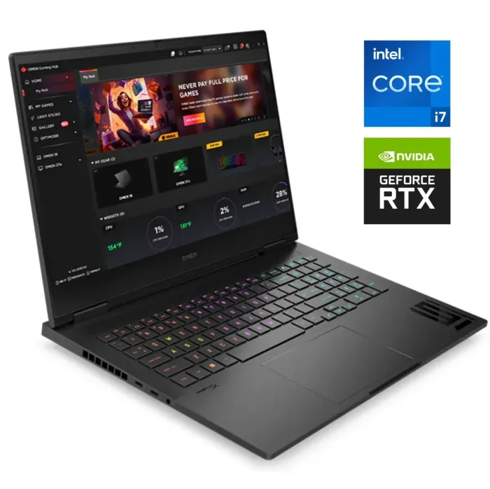 Ігровий ноутбук HP Omen 16T-wf100 / 16,1" (1920x1080) IPS / Intel Core i7-14700HX (20 (28) ядер по 2,1 - 5,4 ГГц) / 16 ГБ DDR5 / 1000 ГБ SSD M.2 / nVidia GeForce RTX 4060, 8 ГБ GDDR6, 128-біт / Веб-камера / Win 11 Home б/в - зображення 1