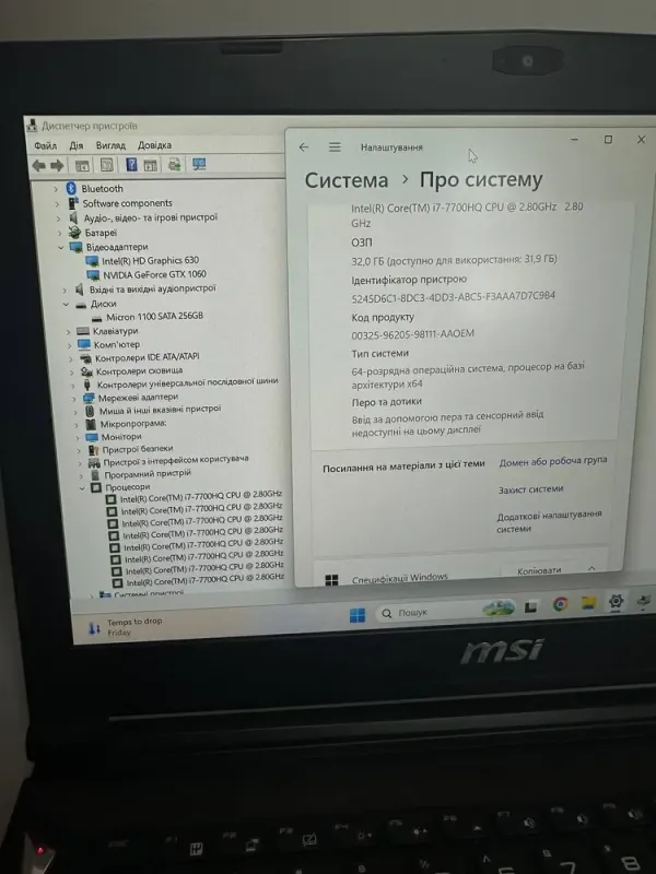 Ігровий ультрабук Б-клас MSI GS43VR 6RE Phantom Pro / 14.1" (1920x1080) TN / Intel Core i7-7700HQ (4 (8) ядра по 2.8 - 3.8 GHz) / 32 GB DDR4 / 256 GB SSD / nVidia GeForce GTX 1060, 6 GB GDDR5, 192-bit / WebCam / Win 11 б/в - зображення 6