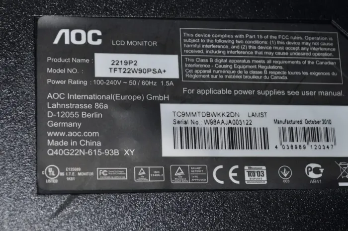 Монітор Б-клас AOC 2219P2 / 22" (1680x1050) TN / VGA, DVI / Вбудовані колонки 2x 1W / VESA 100x100 + Кабелі (VGA або DVI на вибір) та кабель живлення б/в - зображення 22