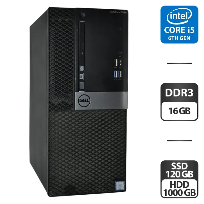 Комп'ютер Б-клас Dell OptiPlex 5040 Tower / Intel Core i5-6600 (4 ядра по 3.3 - 3.9 GHz) / 16 GB DDR3 / 120 GB SSD + 1000 GB HDD / Intel HD Graphics 530 / DVD-ROM / Windows 11 Pro б/в - зображення 1