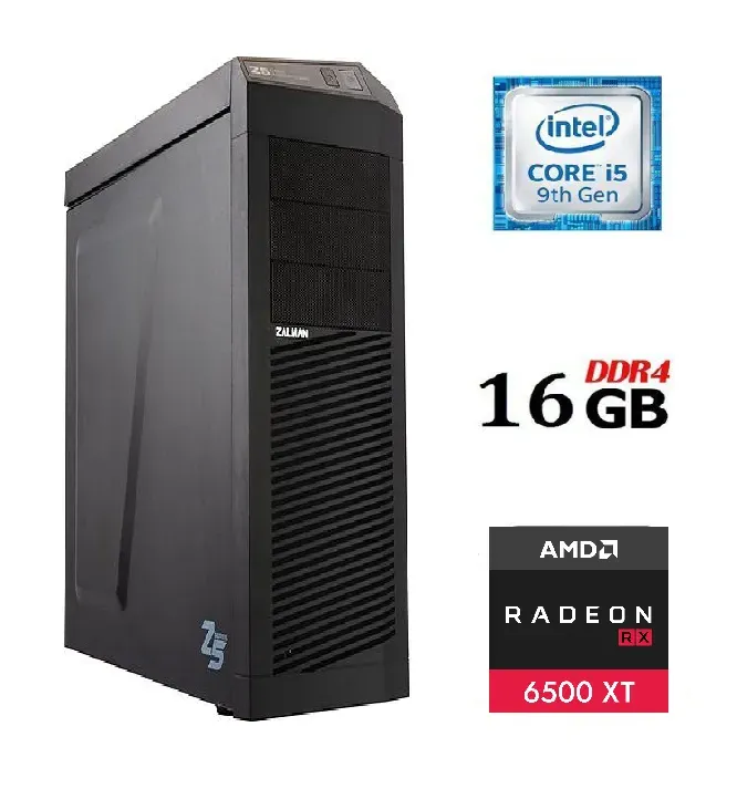 Ігровий ПК Zalman Z5 Tower / Intel Core i5-9400 (6 ядер по 2.9 - 4.1 GHz) / 16 GB DDR4 / 120 GB SSD NEW + 500 GB HDD / AMD Radeon 6500XT, 4 GB GDDR5, 128-bit / HDMI б/в - зображення 1