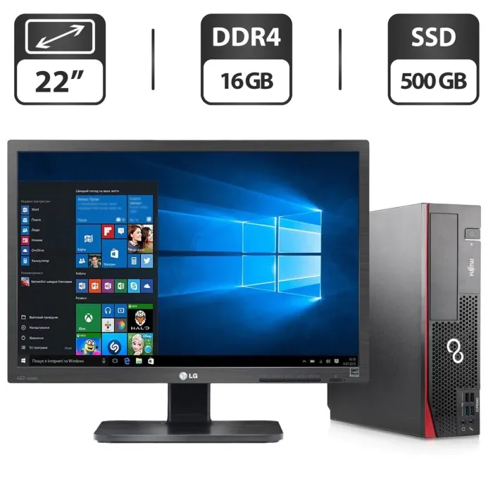 Комплект ПК: Fujitsu Esprimo D756 E85 SFF / Intel Core i5-6500 (4 ядра по 3.2 - 3.6 GHz) / 16 GB DDR4 / 500 GB SSD / Intel HD Graphics 530 / DVD-ROM + Монітор Б-клас 22" (168 TN / VGA, DVI / Windows 11 б/в - зображення 1